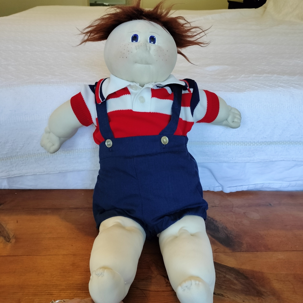 Vintage Cabbage Patch Kids Boy With Striped Red‎ and Navy Doll with Suspenders